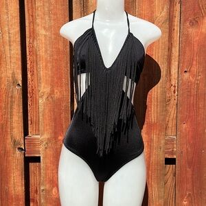 Guess Los Angeles Black One Piece Fringe Halter Swimsuit Size L